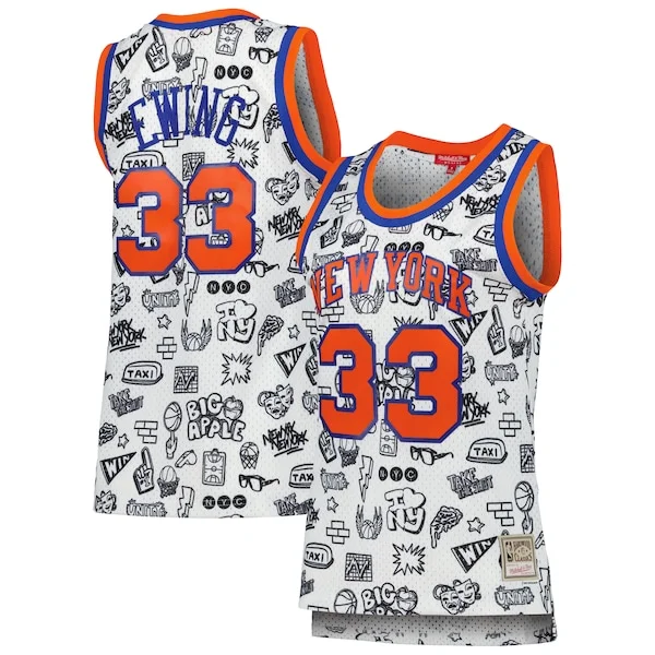 Bellissimo Magnifico Patrick Ewing New York Knicks Women's 1991 Doodle Swingman Jersey White