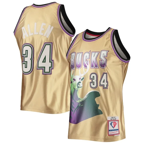 Cool Accattivante Ray Allen Milwaukee Bucks 75th Anniversary 1996/97 Hardwood Classics Swingman Jersey Gold