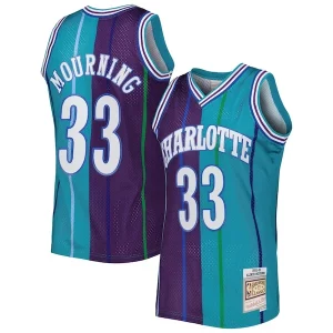 Cool Alonzo Mourning Charlotte Hornets Hardwood Classics 1992/93 Split Swingman Jersey Teal/Purple