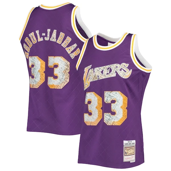 Delizioso Magnifico Pratico Kareem Abdul Jabbar Los Angeles Lakers 1996 97 Hardwood Classics NBA 75th Anniversary Diamond Swingman Jersey Purple