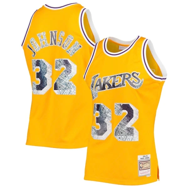 Eccezionale Meraviglioso Accattivante Magic Johnson Los Angeles Lakers 1984/85 Hardwood Classics NBA 75th Anniversary Diamond Swingman Jersey Gold