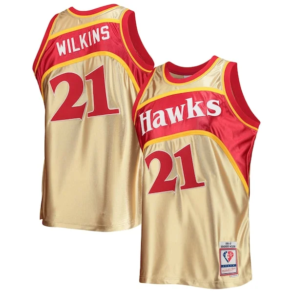 Eccezionale Ottimo Stupendo Dominique Wilkins Atlanta Hawks 75th Anniversary 1986/87 Hardwood Classics Swingman Jersey Gold