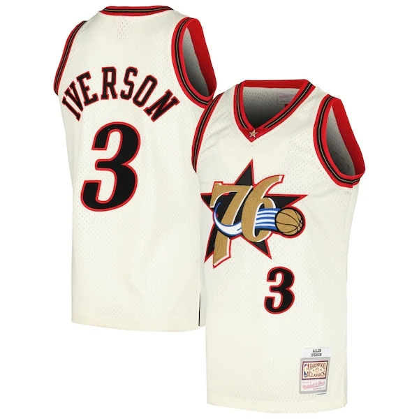 Elegante Ottimo Resistente Allen Iverson Philadelphia 76ers Chainstitch Swingman Jersey Cream