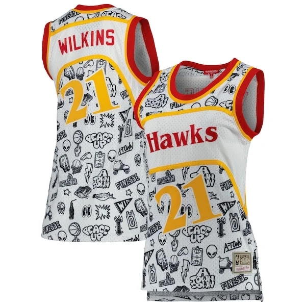 Robusto Lussuoso Bellissimo Dominique Wilkins Atlanta Hawks Women's 1986 Doodle Swingman Jersey White